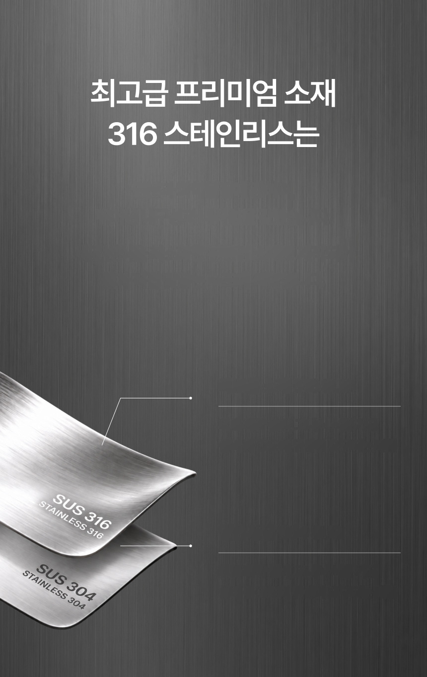 헤어라인 스테인리스 배경과 SUS 316·SUS 304 금속판 그래픽(제목 '최고급 프리미엄 소재 316 스테인리스는' 포함)